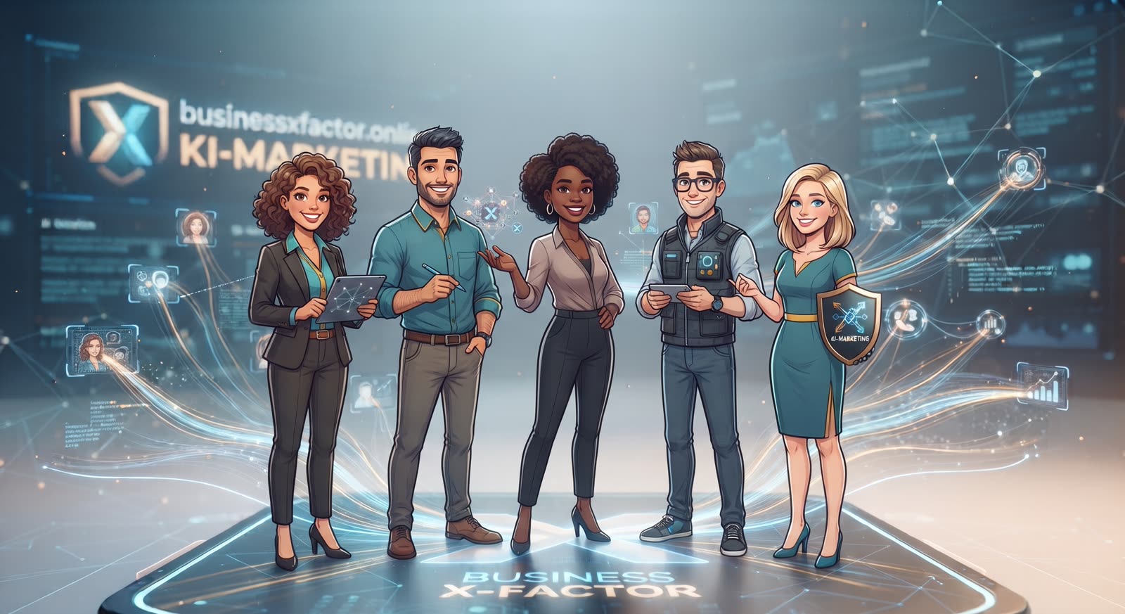 Illustration: ein Team aus fünf spezialisierten KI-Agenten für Business X-Factor